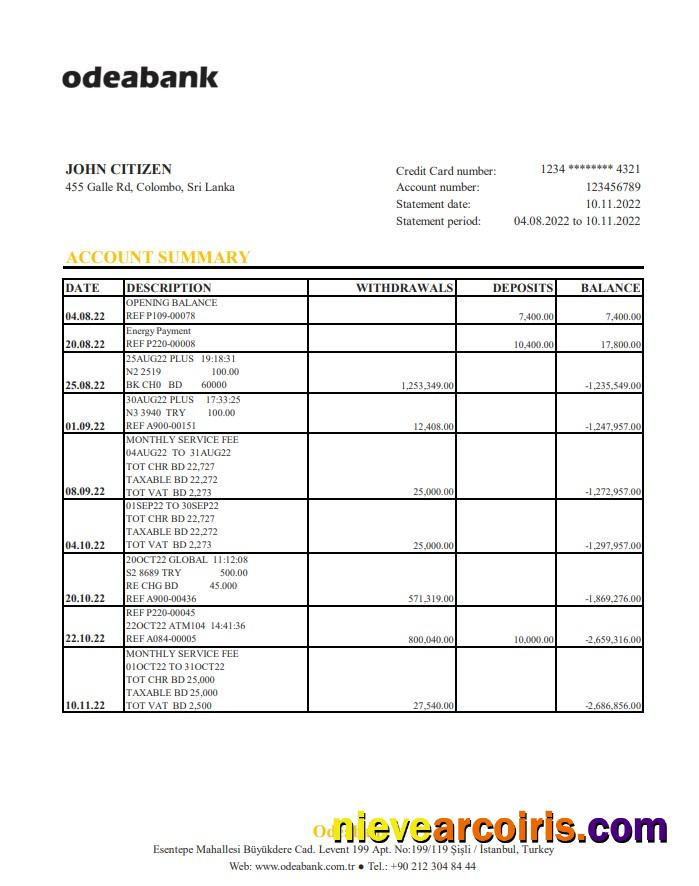 Turkey Odeabank bank statement xls